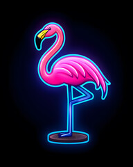 Obraz premium Glowing neon logo with vibrant pink flamingo, isolated on dark background
