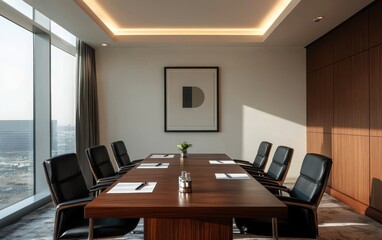 A luxurious meeting room featuring a dark mahogany table with ergonomic black leather chairs. The room is bathed in soft ambient lighting from recessed ceiling fixtures