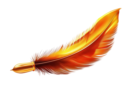 Isolated Detailed Golden Feather Pen Quill with Metallic Ink