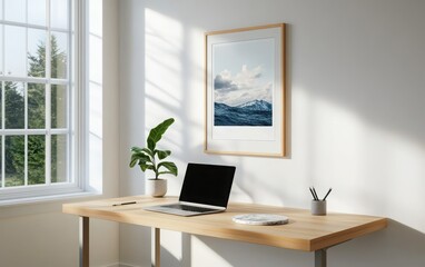 A minimalist office setup with a light wood desk, a slim laptop, and a marble coaster. 
