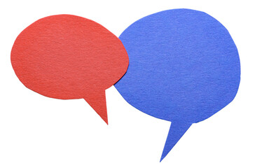 Red blue blank cut out cardboard paper speech bubbles with rough edges and copy space for text on transparent png background design element