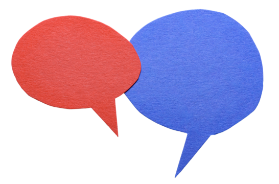 Red blue blank cut out cardboard paper speech bubbles with rough edges and copy space for text on transparent png background design element