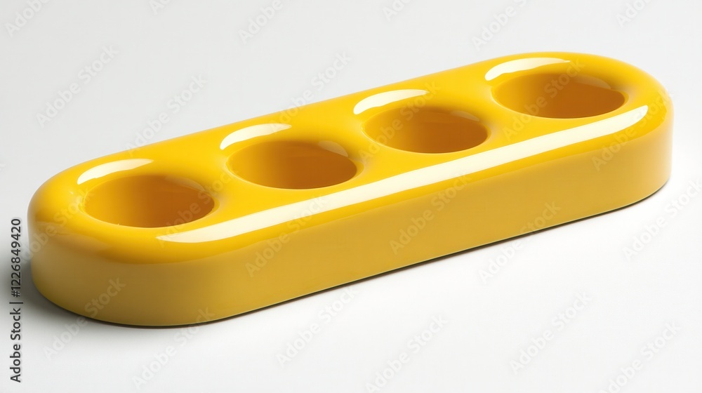 Poster bright yellow abstract object with four circular indentations on a clean white background