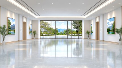 Obraz premium Luxurious hotel lobby with scenic view, spacious interior design, perfect for events or relaxation