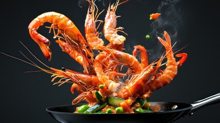 Delicious Stir-fried Shrimp with Mixed Vegetables in a Wok