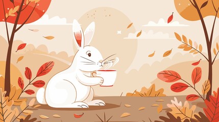 Obraz premium Cute Rabbit Drinking Tea in Mid Autumn Flat Vector Illustration