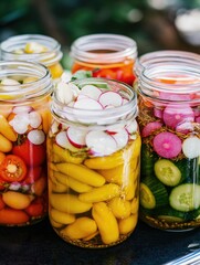 Jars of vibrant vegetables pickled for flavor and preservation.