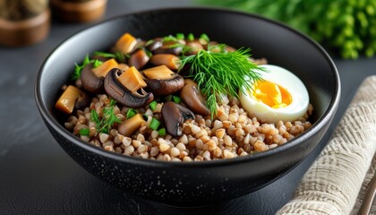 Gourmet buckwheat dish with mushrooms and egg garnished with fresh dill