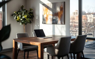Fototapeta premium A refined corporate meeting room with a rich wood conference table, matching ergonomic chairs, and a laptop on the table. 