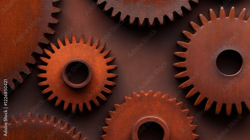 Poster rusty gears connecting on a brown background creating a steampunk atmosphere