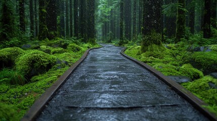 Rainy day forest path, moss-covered, tranquil scene, nature walk