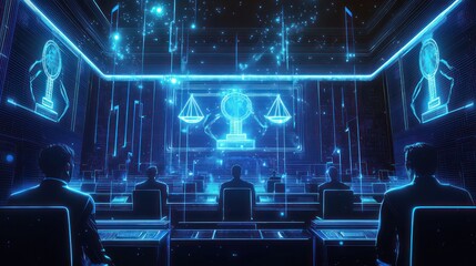 Obraz premium Generative AI in a virtual court setting enhancing decision-making processes with advanced visuals and legal simulations.