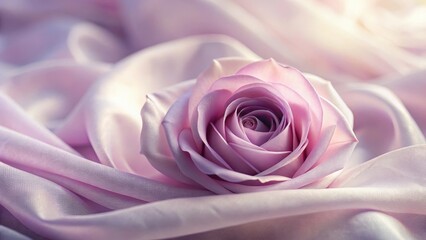 Lavender hues upon petals of pink rose adorn soft silk fabric, gentle light dance across delicate textures