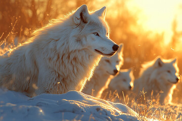 Obraz premium Majestic Arctic Wolves Bask In Golden Sunset Light