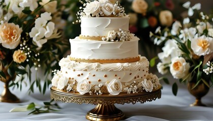 Elegant wedding cake with floral decorations and copy space