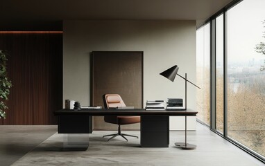 A sophisticated office with a black wood desk, a minimalist metal lamp, and a stack of high-end business books. 