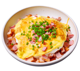 Scrambled eggs topped with crispy fried bacon, breakfast, food, looks delicious.