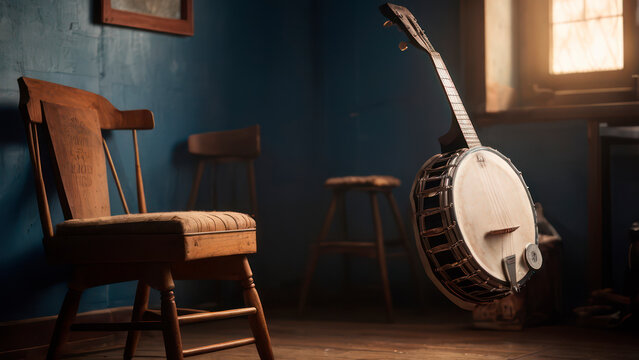 vintage banjo is staying on a wooden floor in stodio