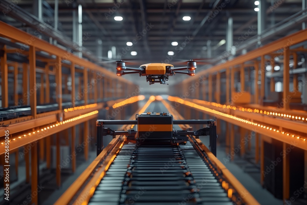 Poster drone flying over packaging line in modern warehouse using automation and ai