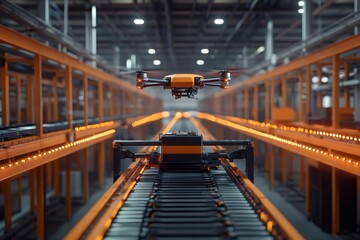 Obraz premium Drone flying over packaging line in modern warehouse using automation and AI