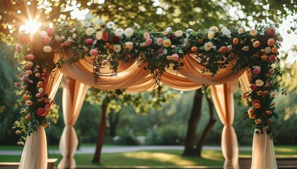 Naklejka premium Traditional jewish wedding chuppah outdoors with copy space