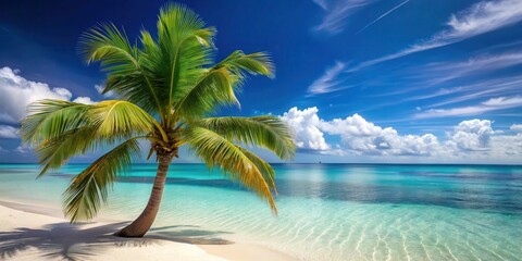 Palm tree swaying in ocean breeze with white sandy beach and crystal clear turquoise water, tropical getaway, beach relaxation