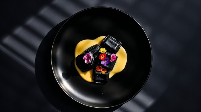 A beautifully arranged plate of lobster ravioli in a creamy sauce, garnished with edible flowers for a vibrant and sophisticated touch. Ideal for elegant dining occasions.
