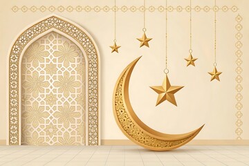 Islamic archway decorating Ramadan kareem background with gold crescent moon and stars