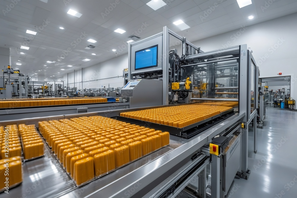 Aufkleber Automated production line processing rectangular orange products in modern factory