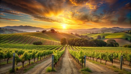 Naklejka premium Vineyard at Sunset Over Rolling Hills, rustic, wine country, rustic, wine country,vineyard, rural, sunset