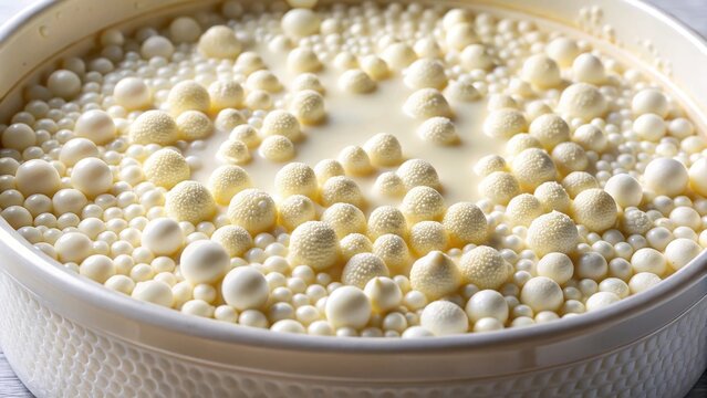 Mixture of milk proteins, fat globules and water in a cheese mold, milk proteins, fat globules, milk proteins