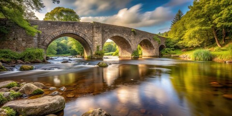 Fototapeta premium A tranquil river landscape with the East Dart River flowing beneath a historic stone bridge , riverine views, stone bridge architecture