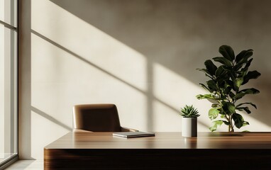 An executive workspace with a glossy mahogany desk, a sleek tablet, and a small succulent in a modern pot. 