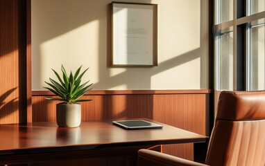 Fototapeta premium An executive workspace with a glossy mahogany desk, a sleek tablet, and a small succulent in a modern pot. 
