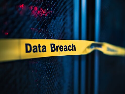 A server rack is shown with a yellow "DATA BREACH" tape across it, emphasizing a cyber security threat, data breach, and digital risk in a high-tech setting.