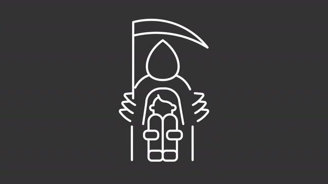 Fear of death white line animation. Woman overshadowed by reaper holding scythe animated icon. Thanatophobia. Isolated illustration on dark background. Transition alpha video. Motion graphic