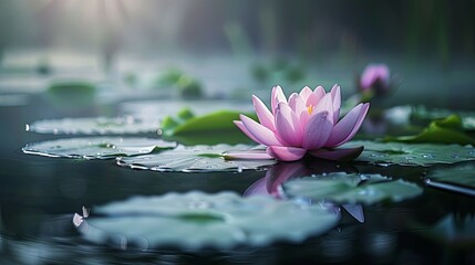 Pink Water Lily Flower Blooming Serenely On Calm Water