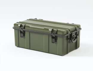 Olive green plastic storage container with latches and handles.