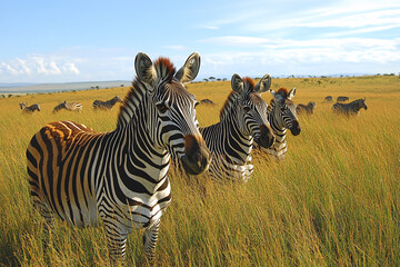 Naklejka premium Three Zebras Grazing in African Savanna Grassland