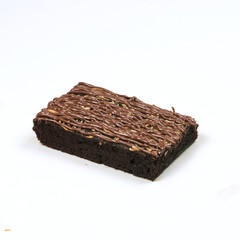 A decadent chocolate brownie with a glossy chocolate drizzle and sprinkled nuts, set against a clean white background