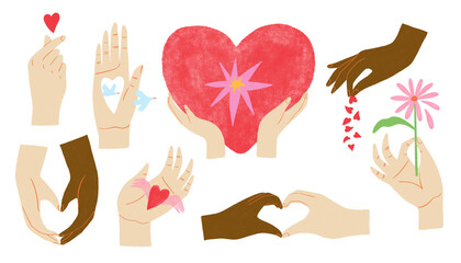Set of human hands in love signs and gestures