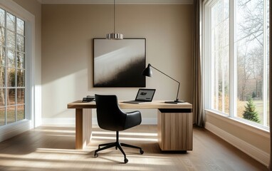 Fototapeta premium Modern executive office with a sleek oak desk, a state-of-the-art laptop, and a contemporary black chair. 