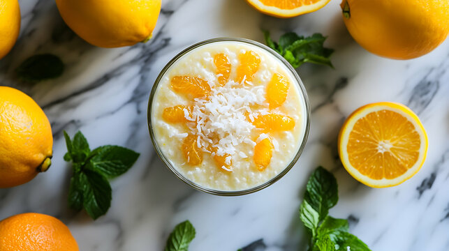 Delicious citrus dessert; creamy rice pudding topped with mandarin orange segments and shredded coconut, garnished with fresh mint leaves.
