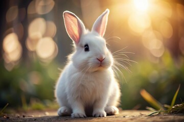 Fototapeta premium White Bunny Sitting - Portrait Photography AI Art - Fluffy Animal