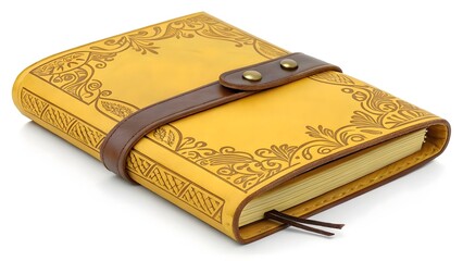 Fototapeta premium Vintage Yellow Leather Journal with Gold Embossing & Strap V7