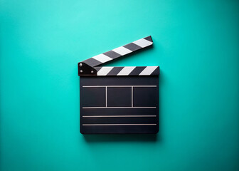 White Clapperboard on Turquoise Background - Filmmaking Concept