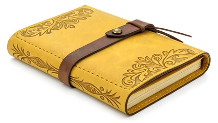 Fototapeta premium Vintage Yellow Leather Journal with Gold Embossing & Strap V8