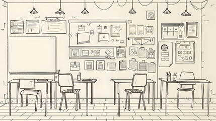 Obraz premium Sketch of a classroom with desks, chairs, and a whiteboard; ideal for education, back-to-school, or learning concepts.