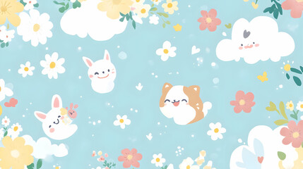 Adorable pastel illustration featuring bunnies, a puppy, flowers, and clouds on a light blue background; perfect for children's products or digital design.