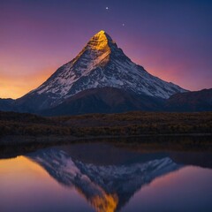 Naklejka premium A golden mountain peak reflecting a deep violet and indigo twilight sky.